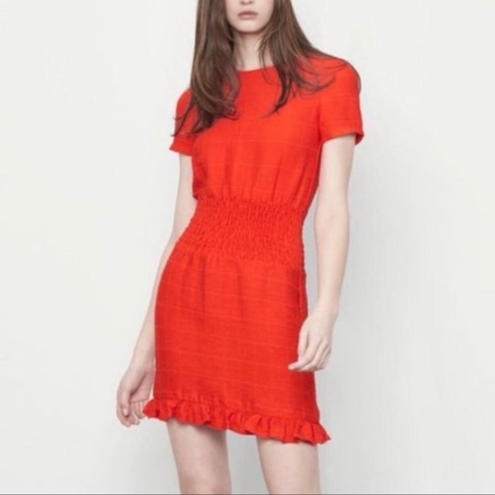 Maje red smocked short sleeve ruffle mini dress 1